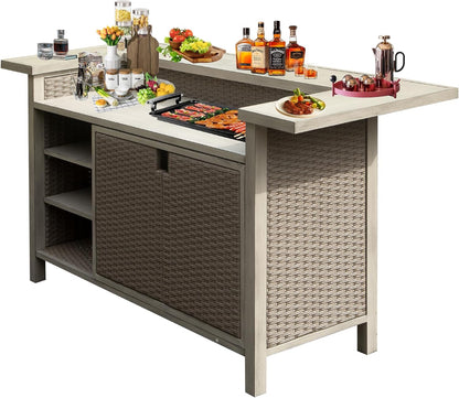 Patio Bar Table with Cabinet - Outdoor Aluminum & PE Wicker