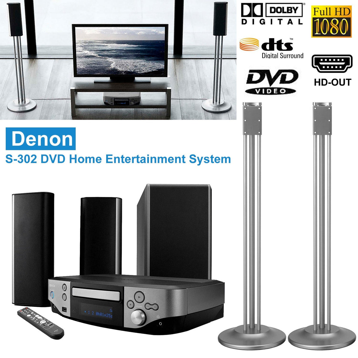 Denon S-302 DVD Home Entertainment System 2 Speaker Home Theater System WiFi 1080P