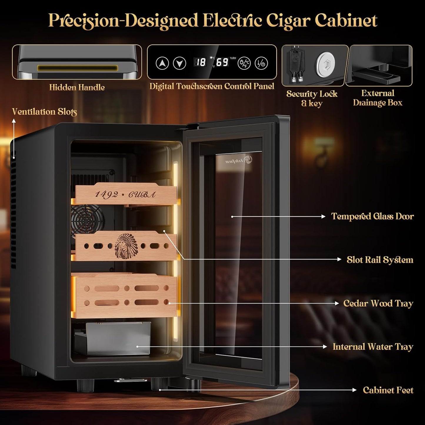 25L Electric Humidor Cabinet for 150 Cigars, Thermoelectric Cooling, Adjustable Temperature and Humidity, Digital Display, 3 Removable Cedar Shelves, Safety Lock, Gift for Men (25L)
