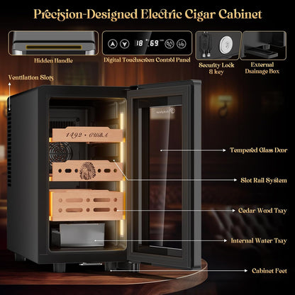 25L Electric Humidor Cabinet for 150 Cigars, Thermoelectric Cooling, Adjustable Temperature and Humidity, Digital Display, 3 Removable Cedar Shelves, Safety Lock, Gift for Men (25L)