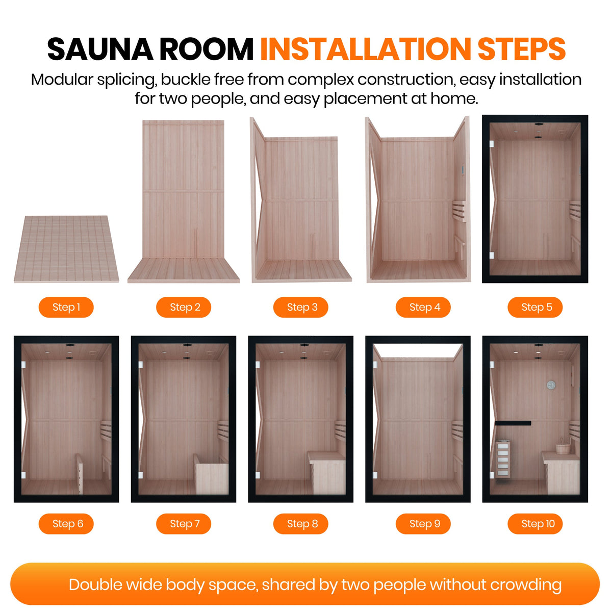 African Pine Indoor Sauna with Double Stove & LED Lighting - Natural Pine