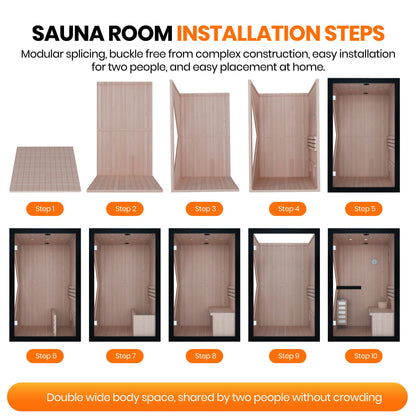African Pine Indoor Sauna with Double Stove & LED Lighting - Natural Pine