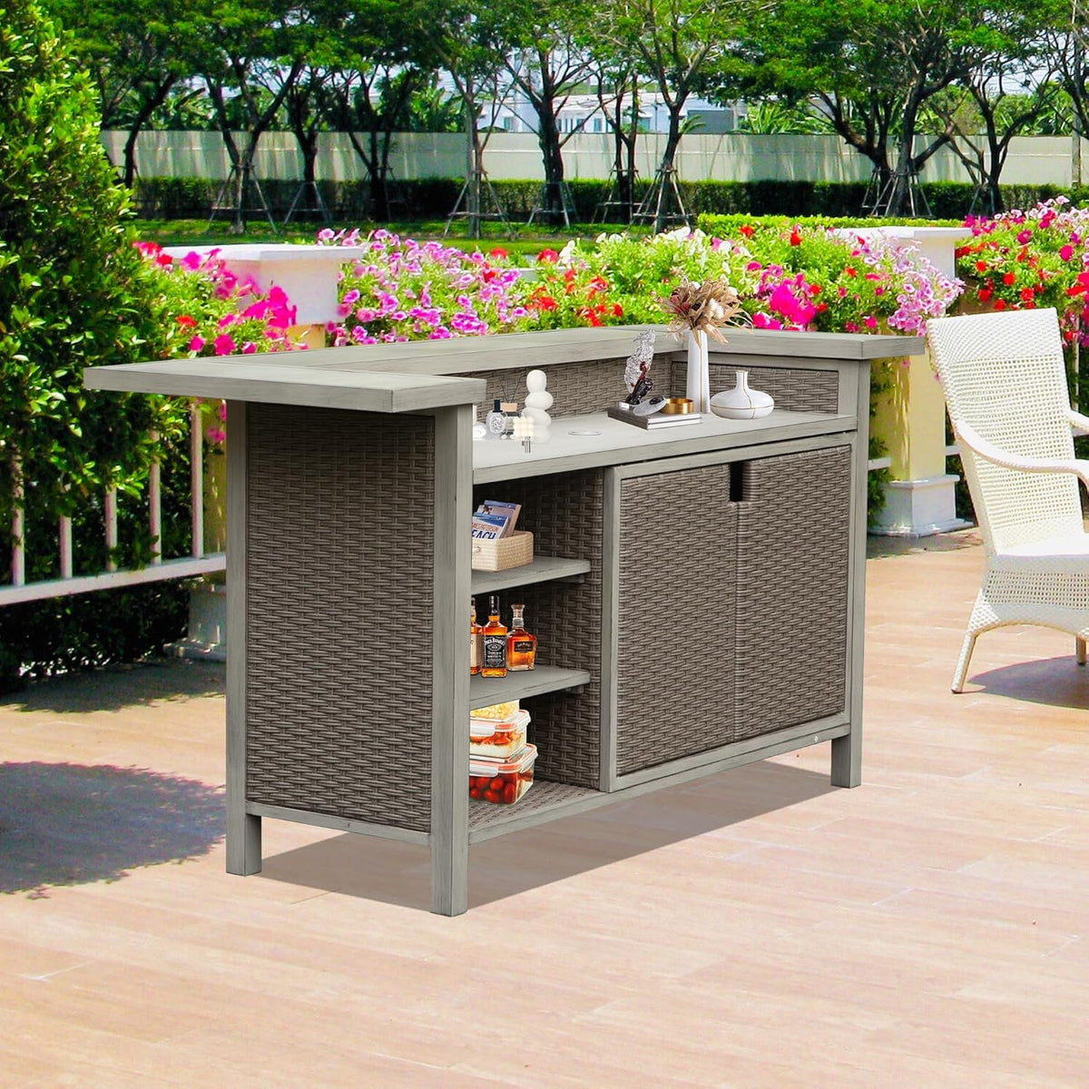 Patio Bar Table with Cabinet - Outdoor Aluminum & PE Wicker