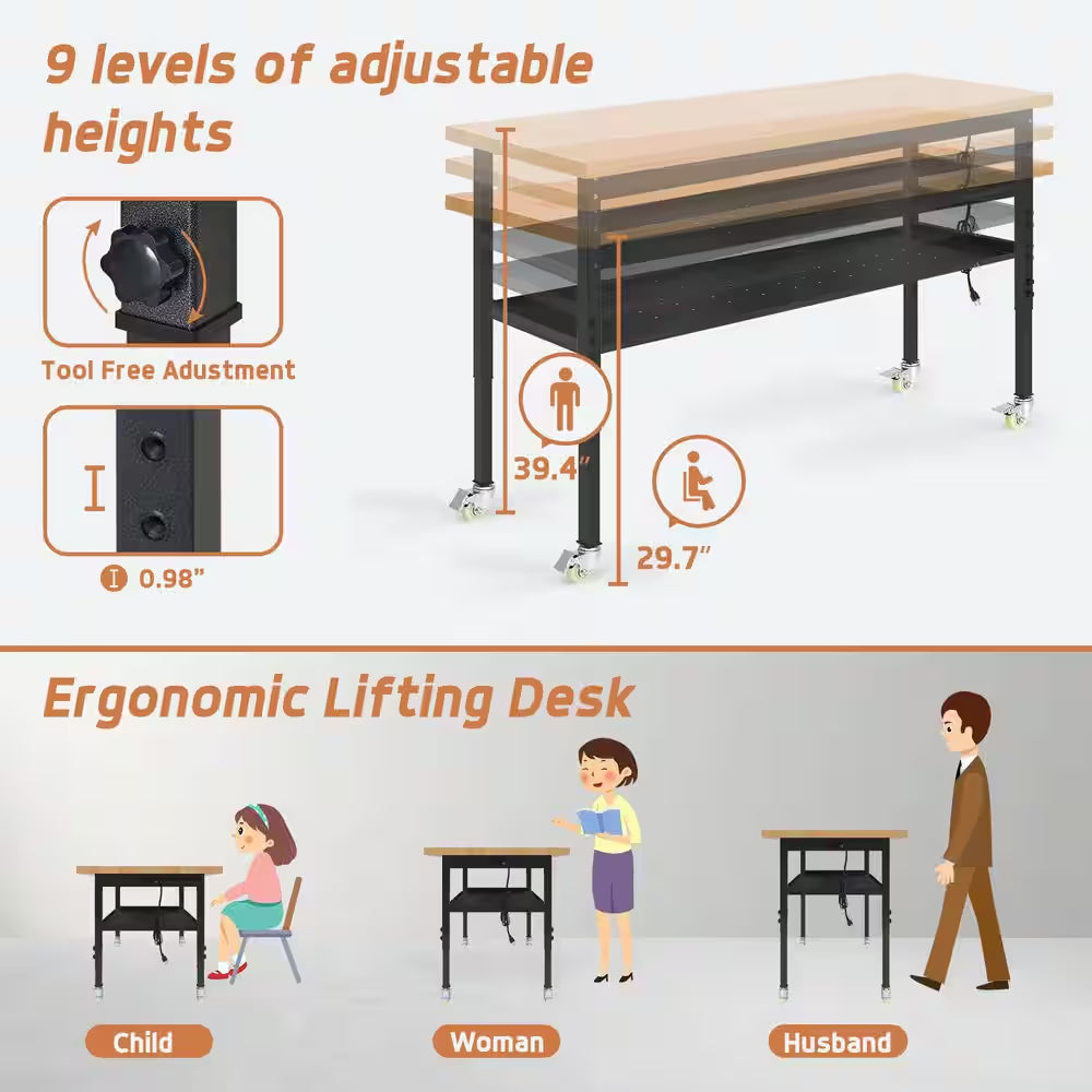 60 In. W X 24 In. D Heavy-Duty Work Bench Adjustable Work Table, Solid Wood Top with Wheels, Partition and Power Outlets