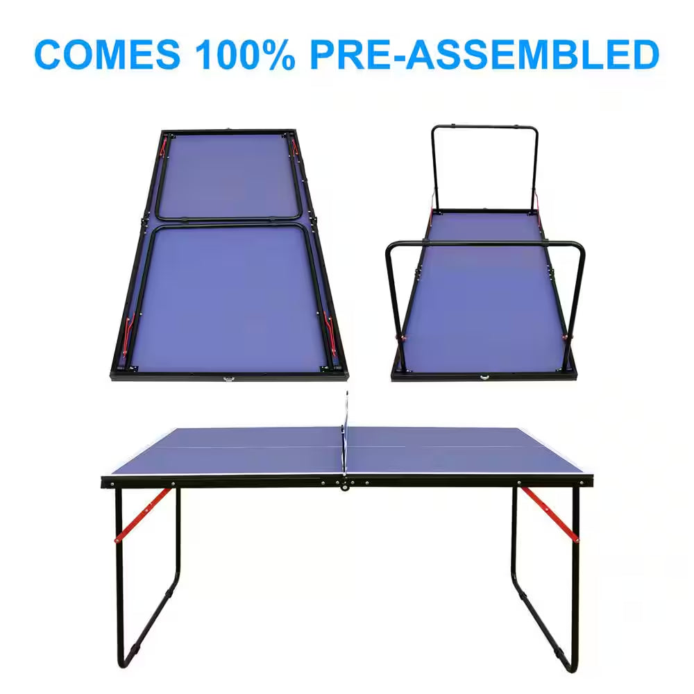 53.94 In. Table Tennis Table Midsize Foldable & Portable Ping Pong Table Set with Net and 2 Ping Pong Paddles in Blue