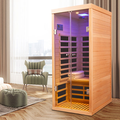 Low EMF Infrared Double Sauna Room with Bluetooth & LED Lighting - Natural Wood