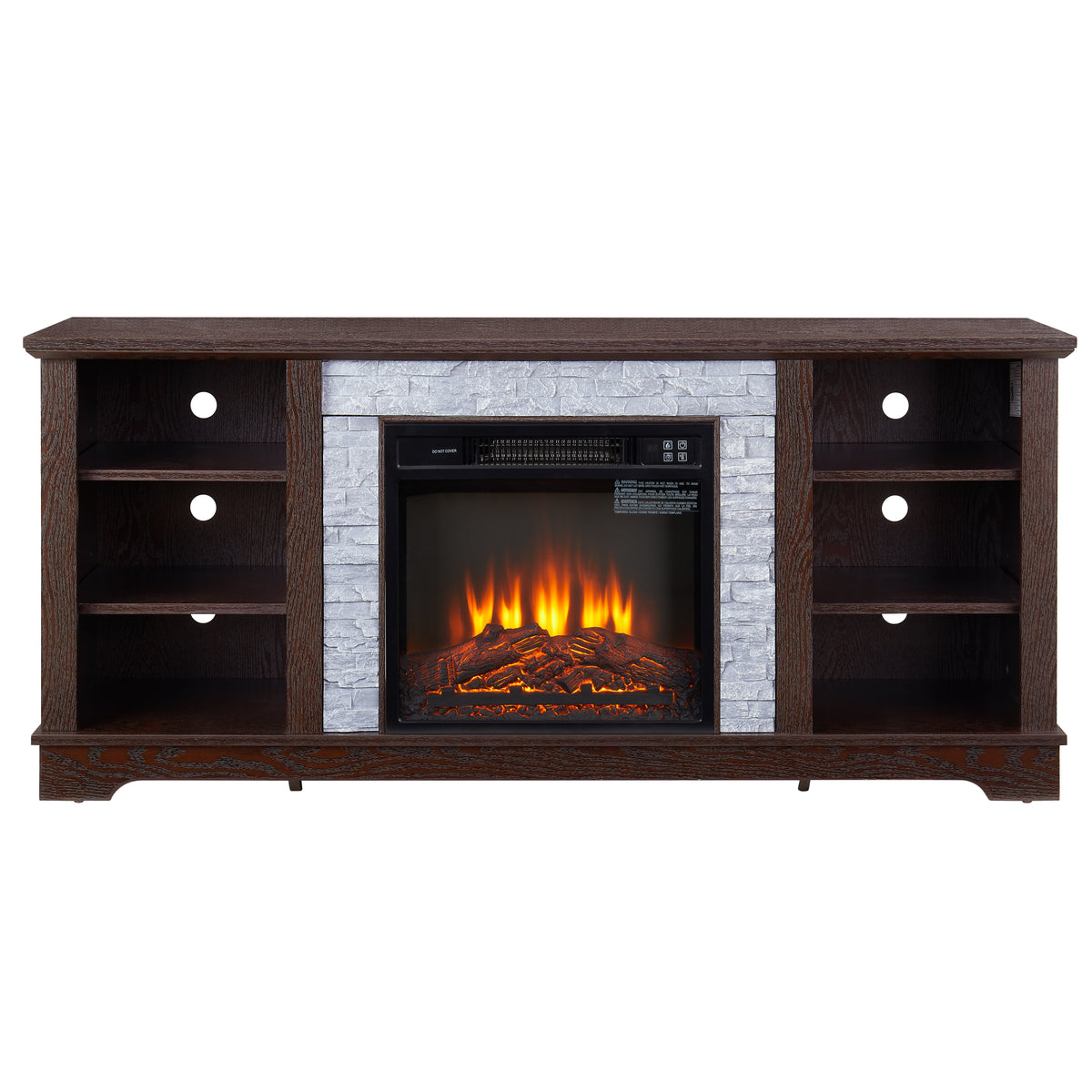 18 inch cherry colored fireplace with open entertainment console space, 58.31 inches wide, 15.39 inches deep, and 26.06 inches h