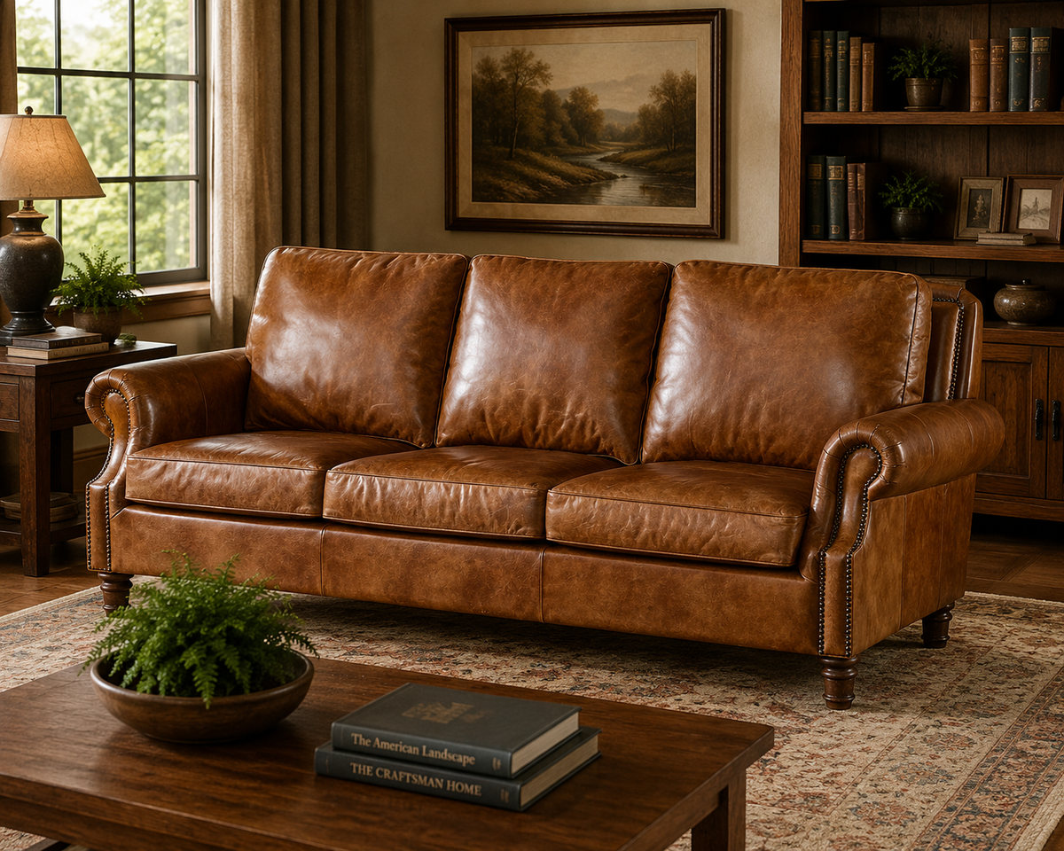 English Rolled Arm Sofa - Light Brown Leather