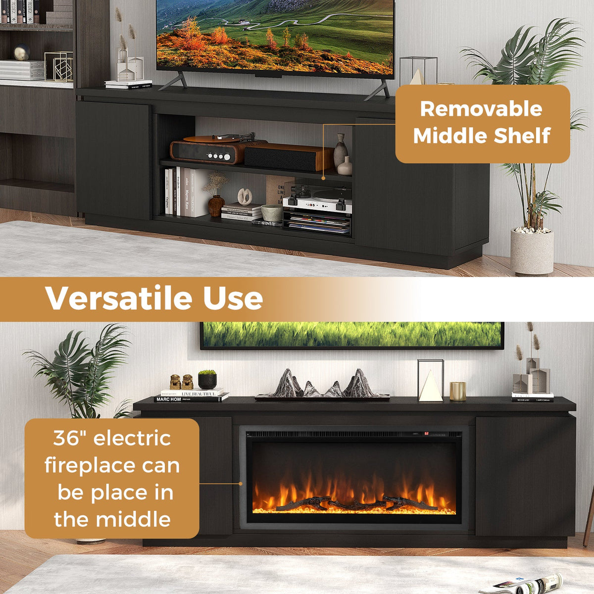 Fireplace TV Stand for TVs up to 80 Inch with 3 Adjustable Shelves