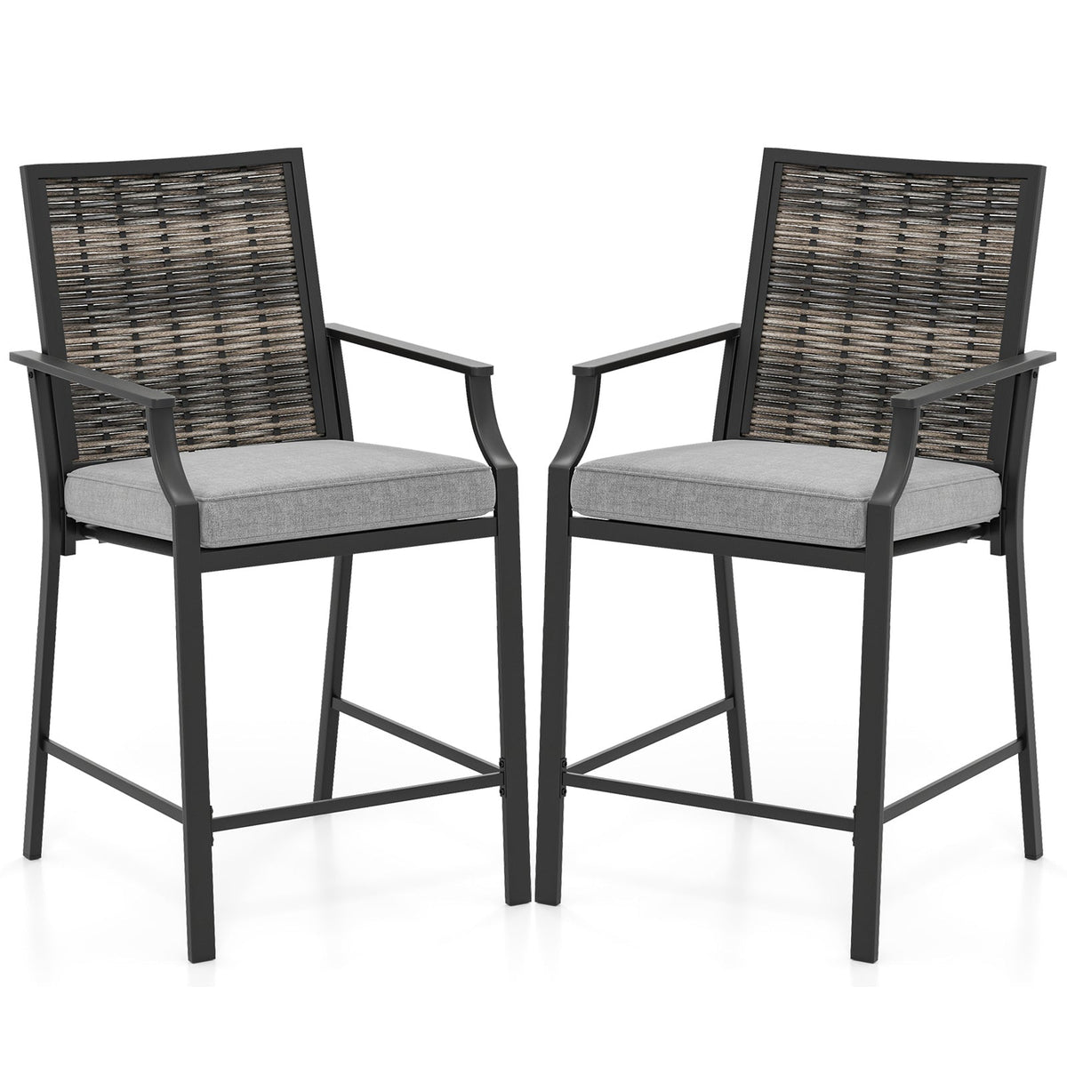 Patio Bar Stools Set of 2 Counter Height Rattan Bar Chairs with Armrest-Grey
