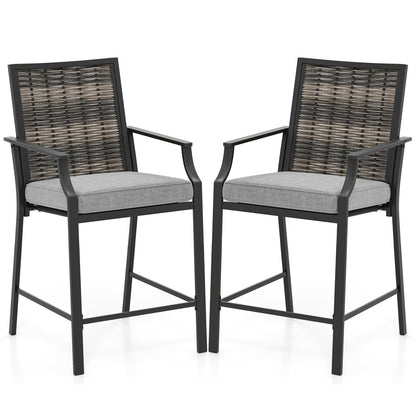 Patio Bar Stools Set of 2 Counter Height Rattan Bar Chairs with Armrest-Grey