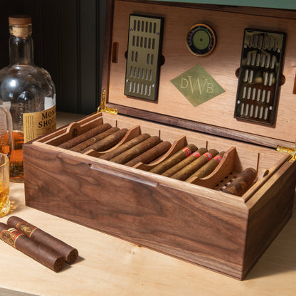 Black Walnut Cigar Humidor - Spanish Cedar Lined - 80 Count - Personalized Brass Engraving
