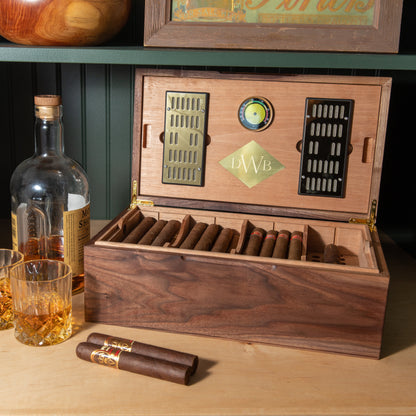 Black Walnut Cigar Humidor - Spanish Cedar Lined - 80 Count - Personalized Brass Engraving
