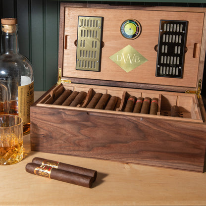 Black Walnut Cigar Humidor - Spanish Cedar Lined - 80 Count - Personalized Brass Engraving