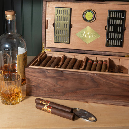 Black Walnut Cigar Humidor - Spanish Cedar Lined - 80 Count - Personalized Brass Engraving