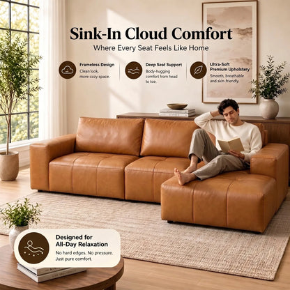 114" Cloud Sectional Sofa with Chaise, L-Shaped Modular Faux Leather