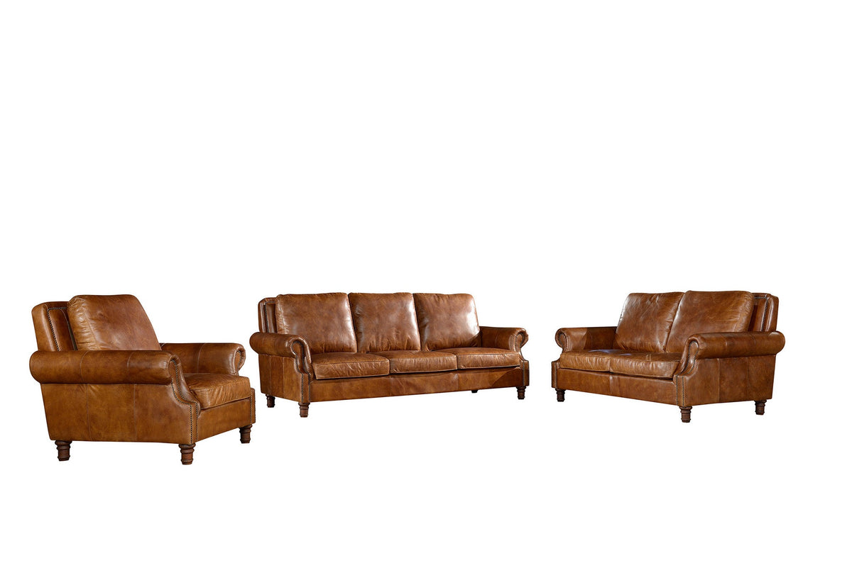 English Rolled Arm Sofa - Light Brown Leather