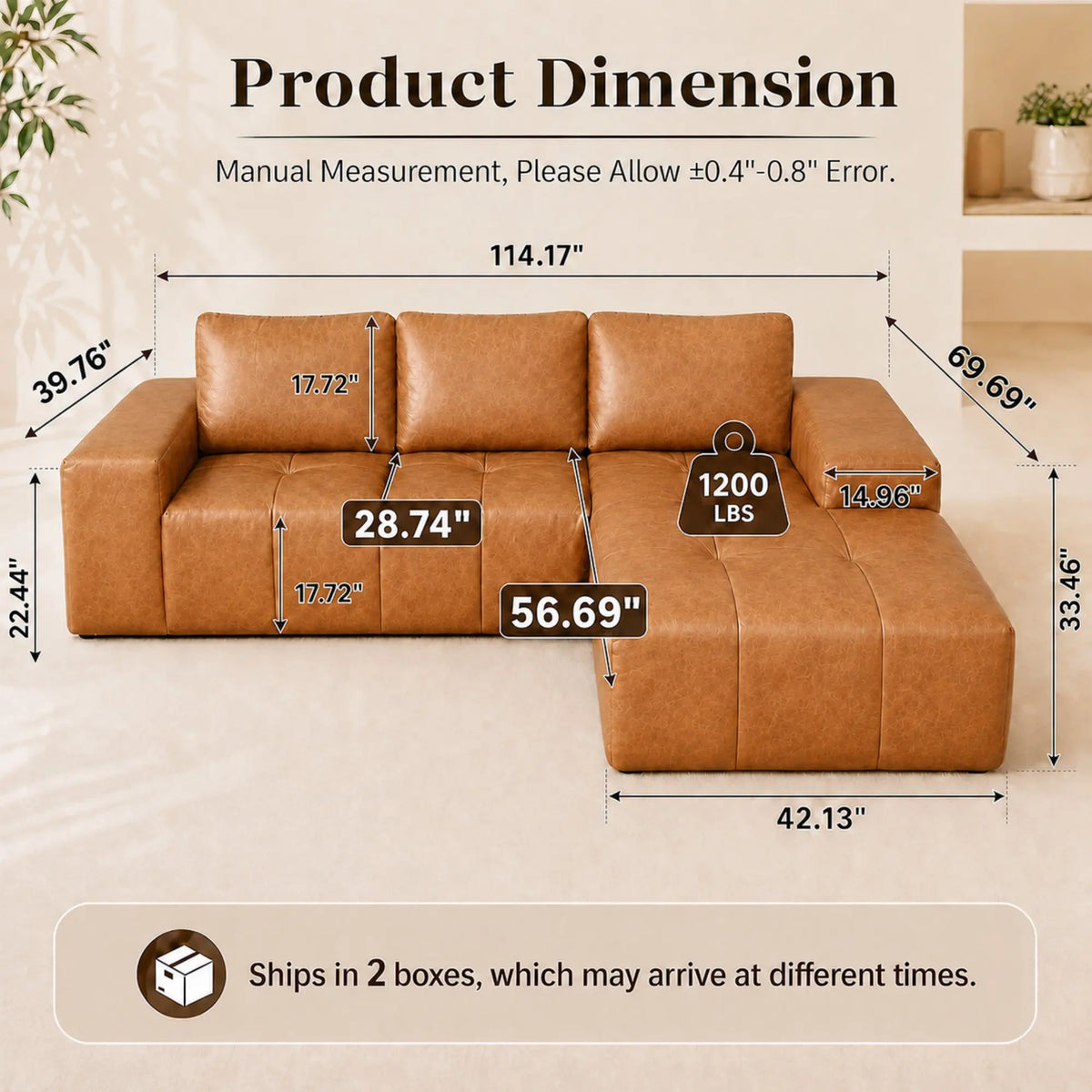 114" Cloud Sectional Sofa with Chaise, L-Shaped Modular Faux Leather