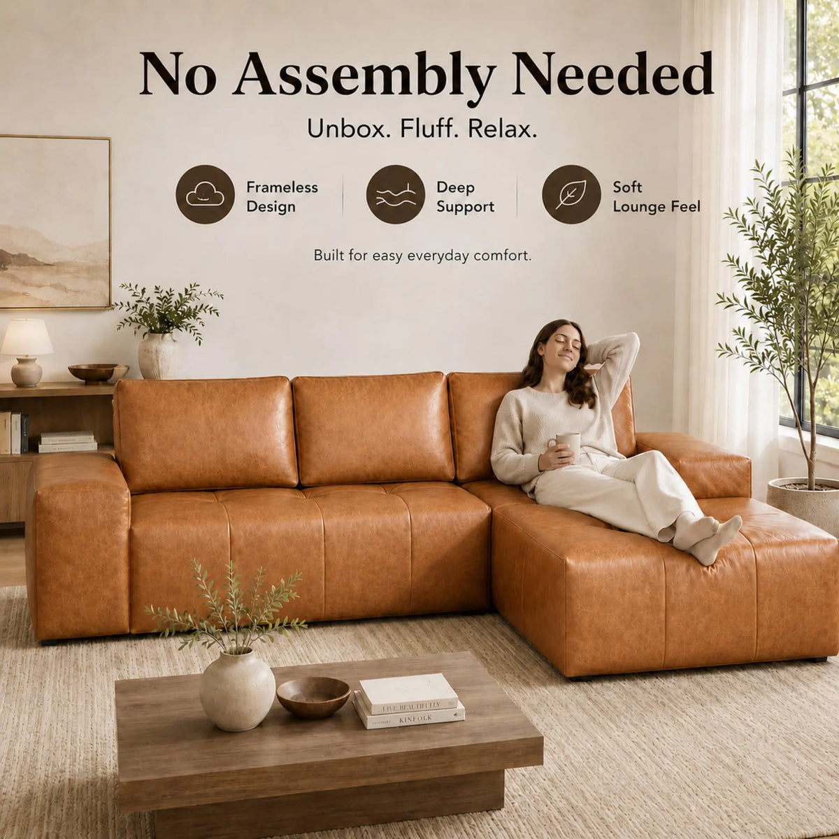 114" Cloud Sectional Sofa with Chaise, L-Shaped Modular Faux Leather