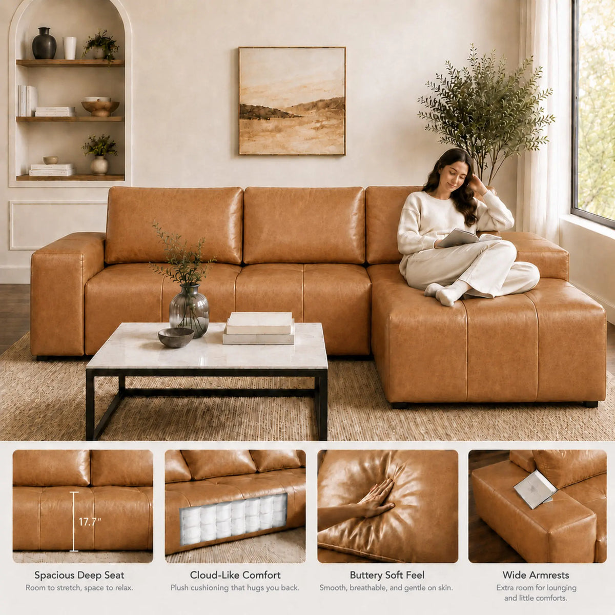 114" Cloud Sectional Sofa with Chaise, L-Shaped Modular Faux Leather
