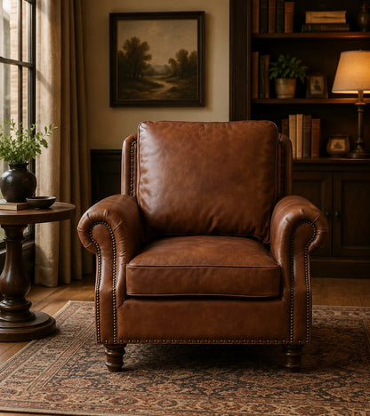 English Rolled Arm - Arm Chair - Bark Brown Leather