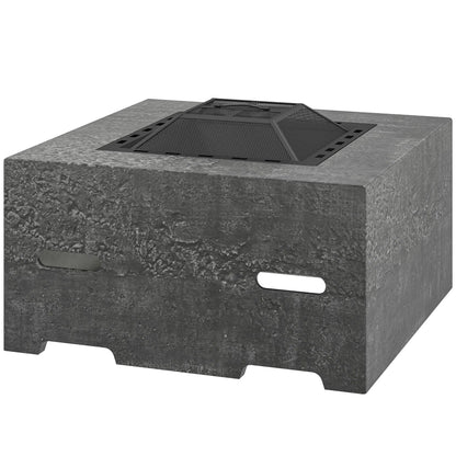 Stone-Texture Wood Burning Fire Pit with Mesh Lid & Poker — Charcoal Grey