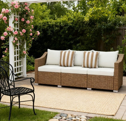 Outdoor Rattan Sofa with Cushions and Throw Pillows - Natural