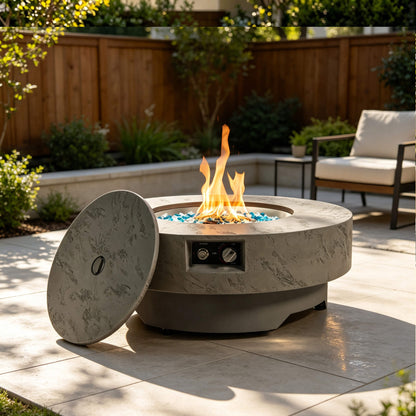 Premium 34-Inch Round Propane Fire Table 50K BTU With Glass Stones