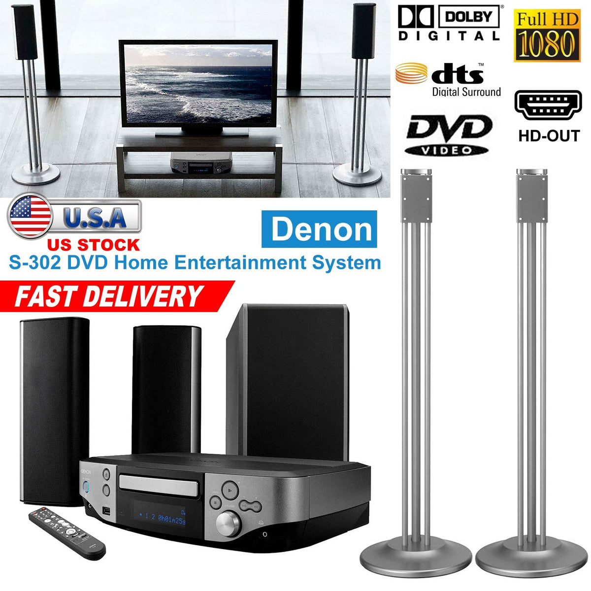 Denon S-302 DVD Home Entertainment System 2 Speaker Home Theater System WiFi 1080P