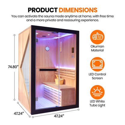 African Pine Indoor Sauna with Double Stove & LED Lighting - Natural Pine