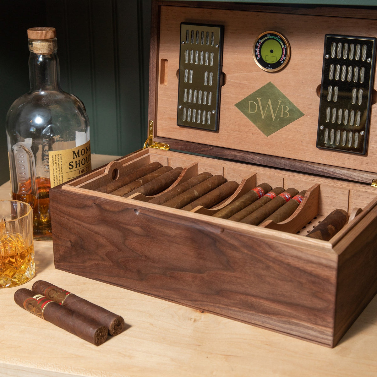 Black Walnut Cigar Humidor - Spanish Cedar Lined - 80 Count - Personalized Brass Engraving