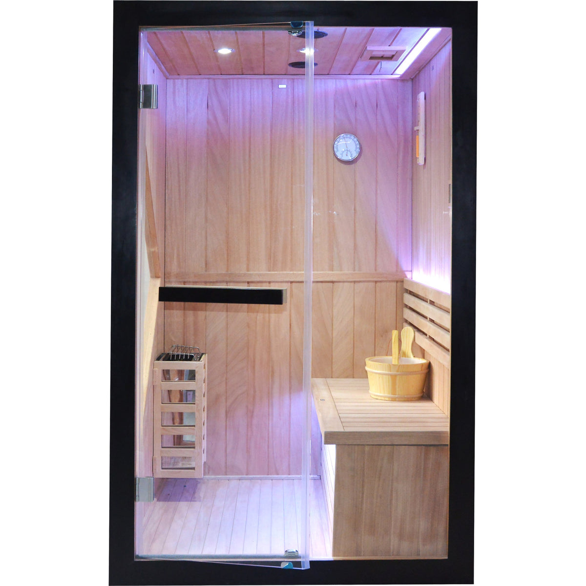 African Pine Indoor Sauna with Double Stove & LED Lighting - Natural Pine