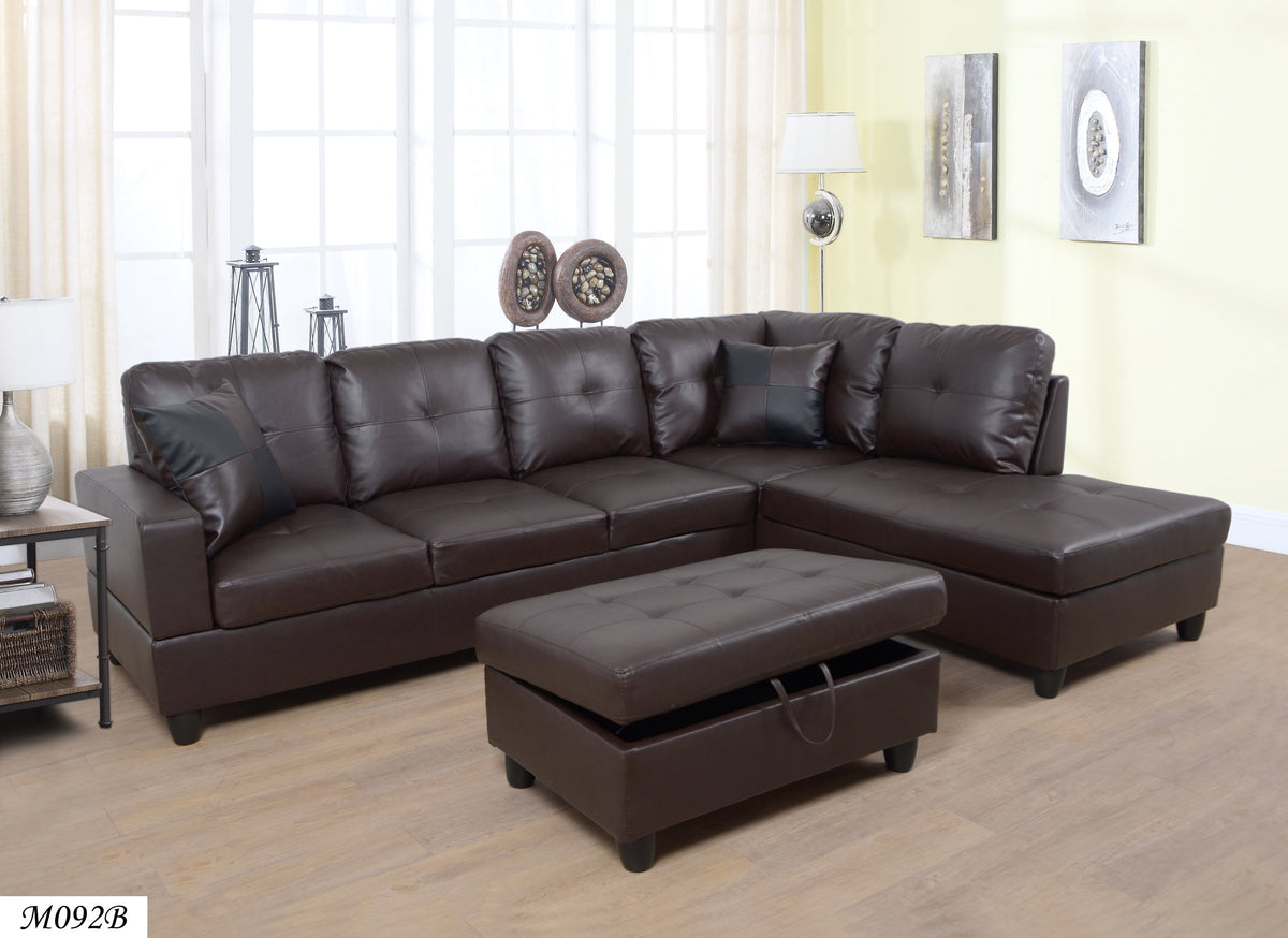 Brown Faux Leather Sectional Sofa Set with Left-Facing Chaise - Brown