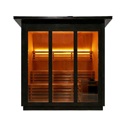 Custom 6-Person Luxury Canadian Hemlock Outdoor Steam Sauna With Double-Back Bench, Heater And Stones [Made-To-Order] (SAK63821)