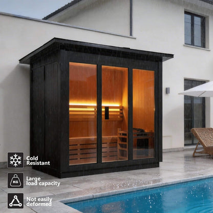 Custom 8-Person Luxury Canadian Hemlock Outdoor Steam Sauna With Double-Backed Bench, Heater And Stones [Made-To-Order]