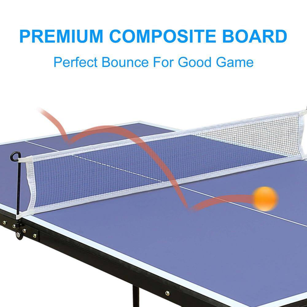 53.94 In. Table Tennis Table Midsize Foldable & Portable Ping Pong Table Set with Net and 2 Ping Pong Paddles in Blue