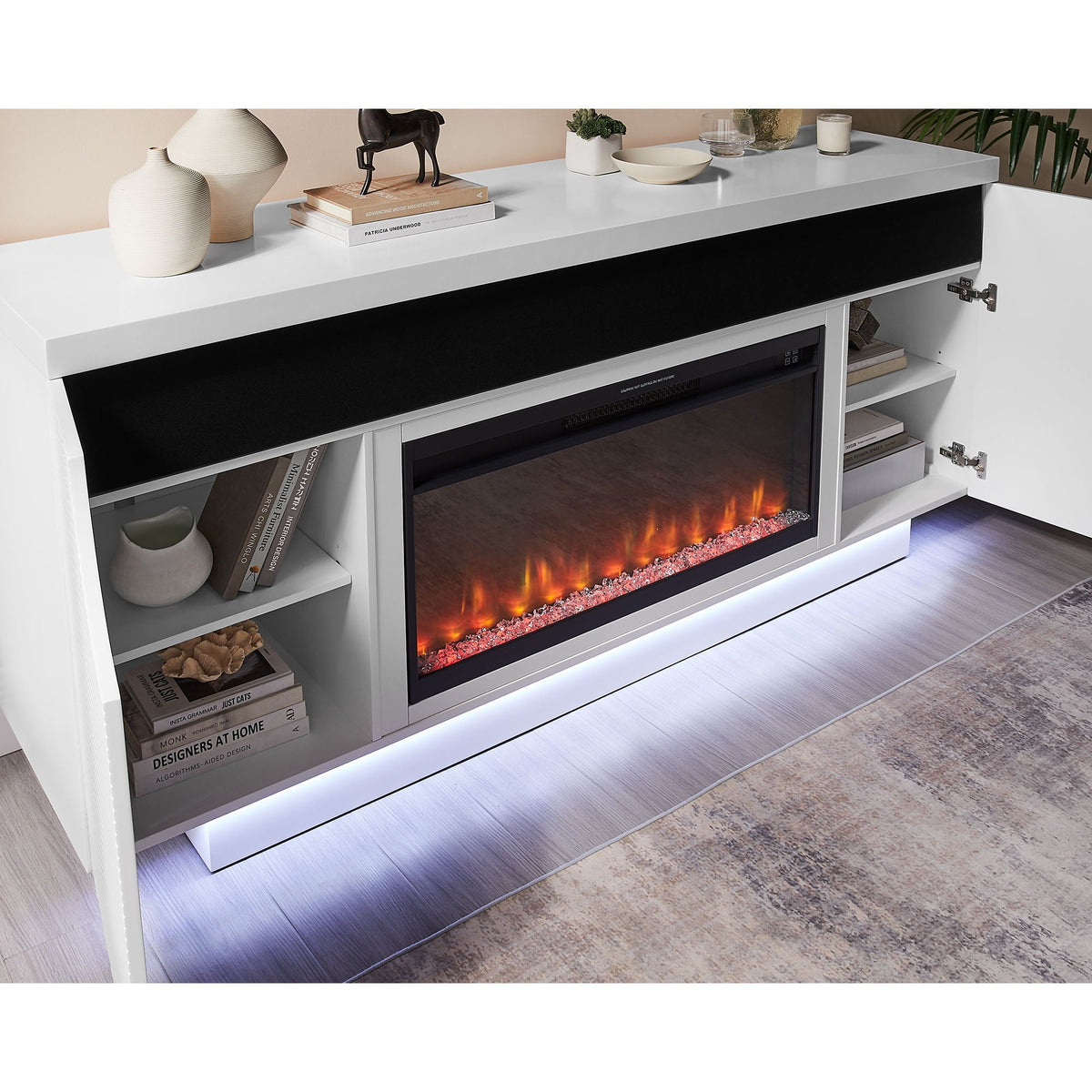 Electric Fireplace TV Stand with Multi-Color LED & 15 Temperature Settings - White
