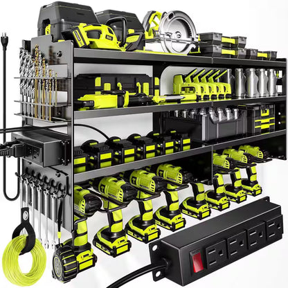 33 In. Black Power Tool Organizer Wall Rack with 4-Tiers, 8-Drill Slots, 4-Outlet Strip, Hook Rack and Storage Shelves