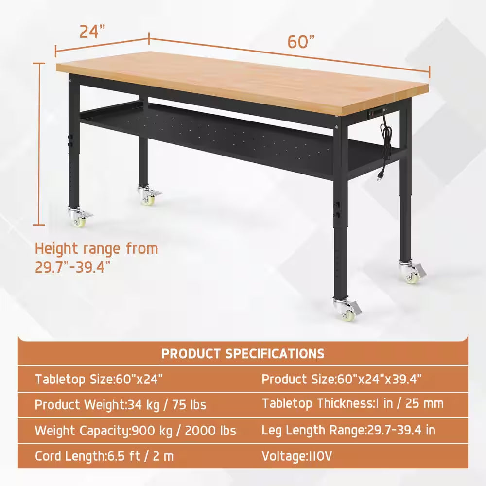 60 In. W X 24 In. D Heavy-Duty Work Bench Adjustable Work Table, Solid Wood Top with Wheels, Partition and Power Outlets