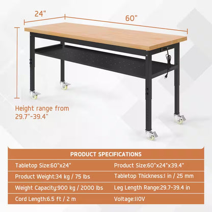 60 In. W X 24 In. D Heavy-Duty Work Bench Adjustable Work Table, Solid Wood Top with Wheels, Partition and Power Outlets