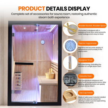 African Pine Indoor Sauna with Double Stove & LED Lighting - Natural Pine