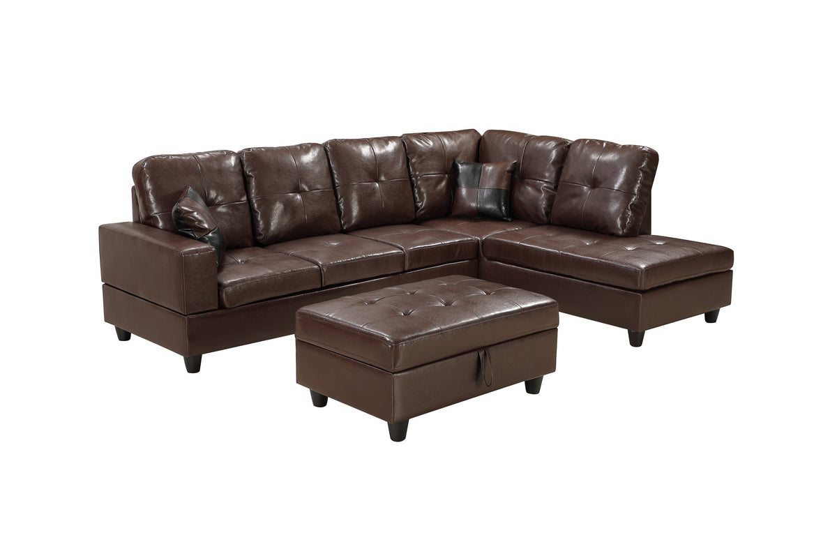 Brown Faux Leather Sectional Sofa Set with Left-Facing Chaise - Brown