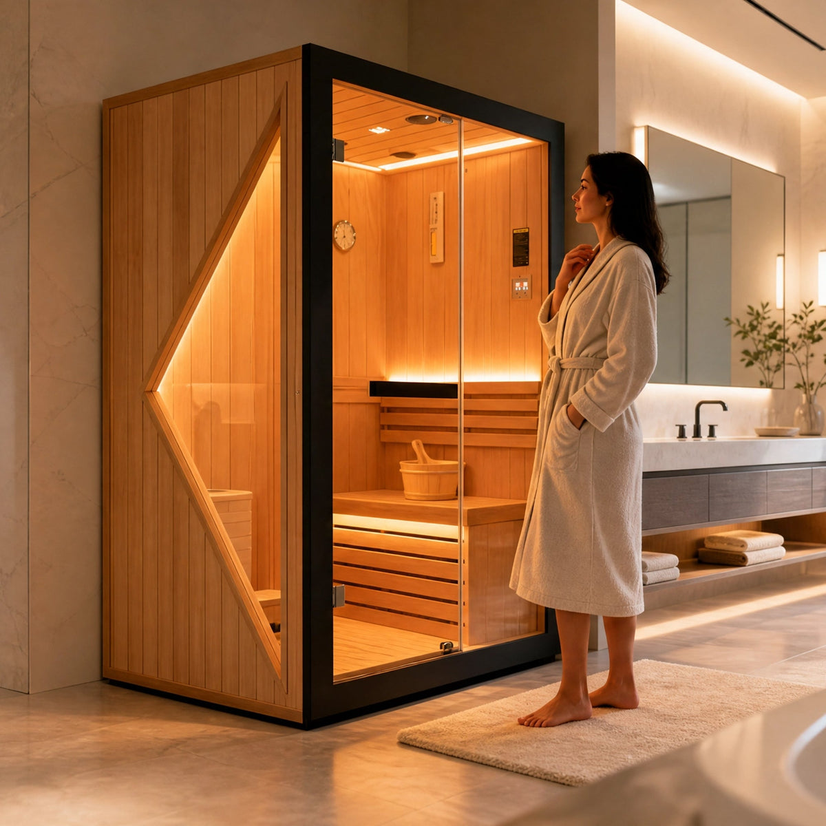 African Pine Indoor Sauna with Double Stove & LED Lighting - Natural Pine