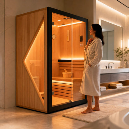 African Pine Indoor Sauna with Double Stove & LED Lighting - Natural Pine