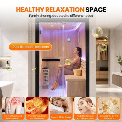 African Pine Indoor Sauna with Double Stove & LED Lighting - Natural Pine