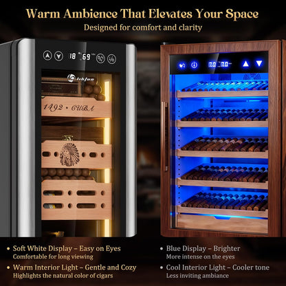 25L Electric Humidor Cabinet for 150 Cigars, Thermoelectric Cooling, Adjustable Temperature and Humidity, Digital Display, 3 Removable Cedar Shelves, Safety Lock, Gift for Men (25L)