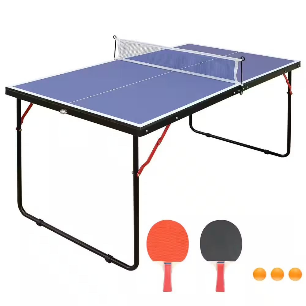 53.94 In. Table Tennis Table Midsize Foldable & Portable Ping Pong Table Set with Net and 2 Ping Pong Paddles in Blue