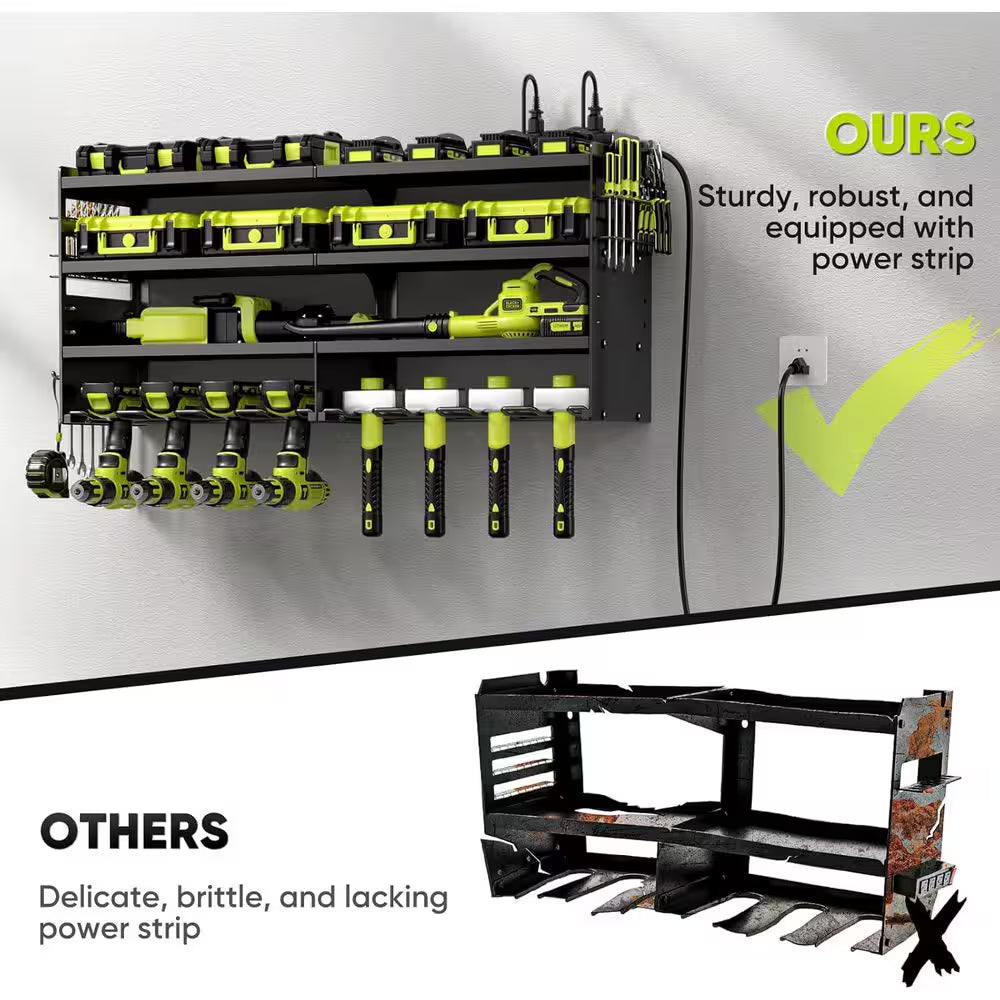 33 In. Black Power Tool Organizer Wall Rack with 4-Tiers, 8-Drill Slots, 4-Outlet Strip, Hook Rack and Storage Shelves