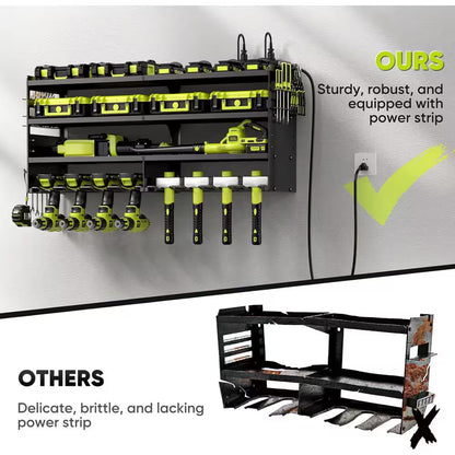 33 In. Black Power Tool Organizer Wall Rack with 4-Tiers, 8-Drill Slots, 4-Outlet Strip, Hook Rack and Storage Shelves