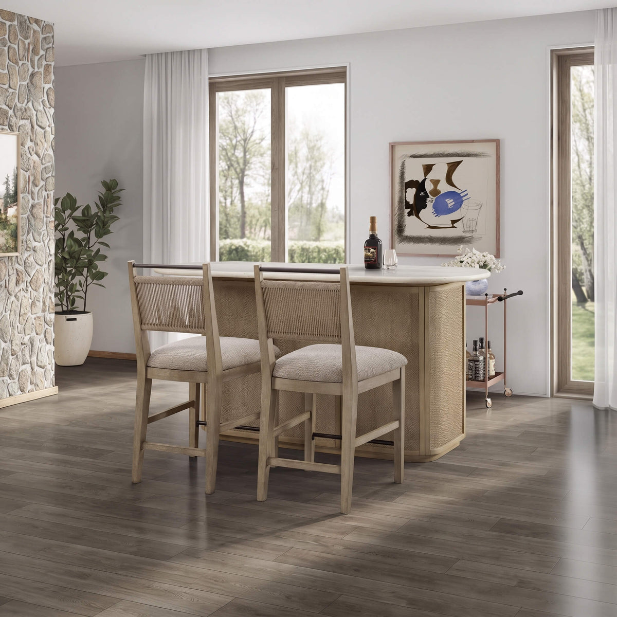 Modern Red Oak Home Bar Cabinet With Travertine Stone Top And Natural Rope Front